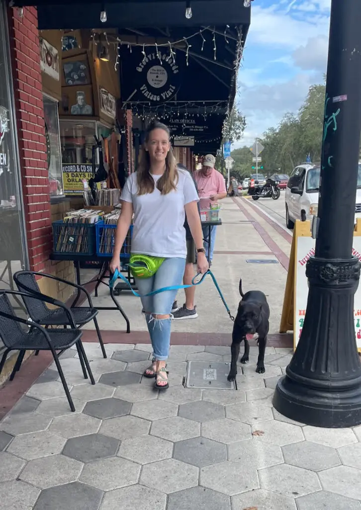 A woman walking her dog down the street.