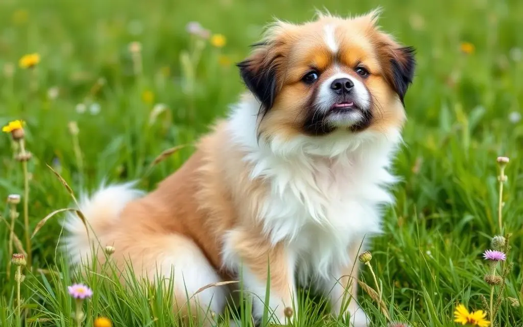 A dog sitting in the grass looking at something.