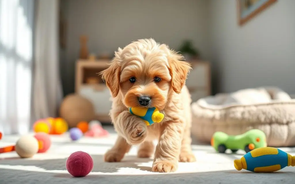 A puppy is playing with toys on the floor.