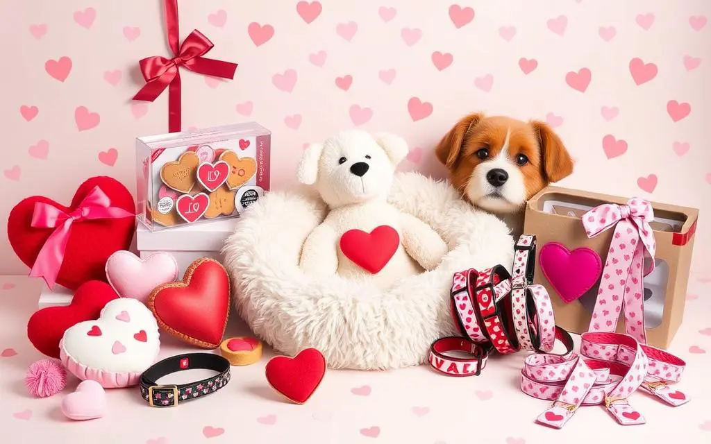 A dog and teddy bear sitting in a bed of hearts.