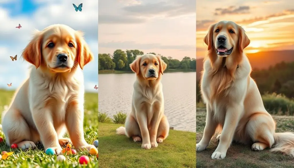 Three pictures of a dog sitting on the grass.