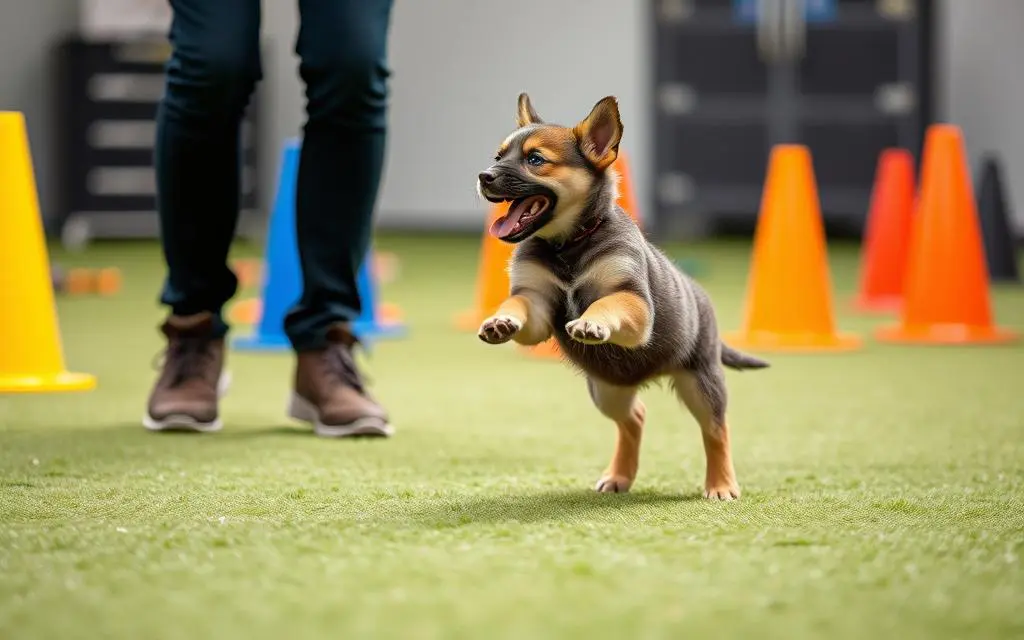 A dog is running around cones on the grass.