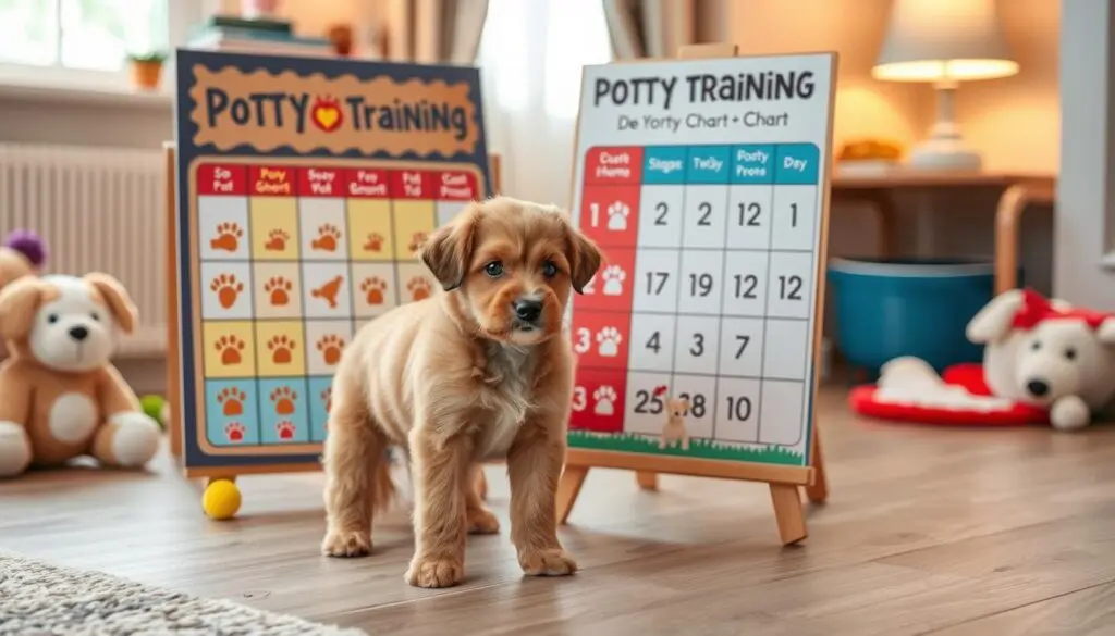 A puppy standing next to a potty training chart.