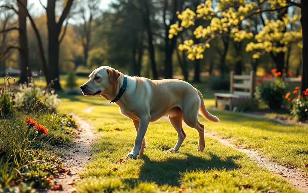 A dog is running around cones on the grass.