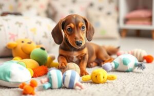 A dog laying on the ground with toys.