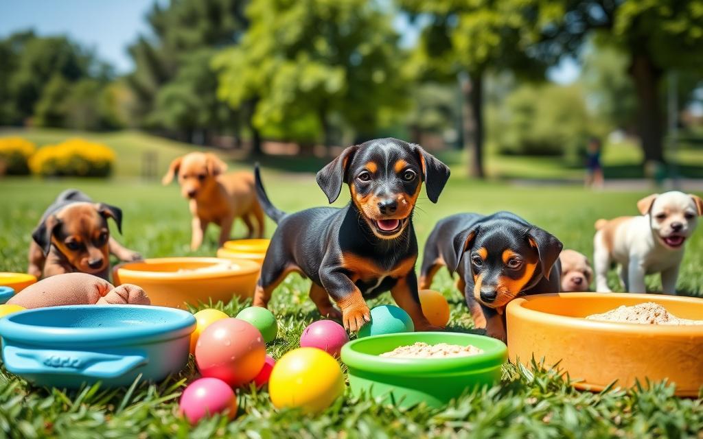 Two puppies are standing in the grass near bowls of food.