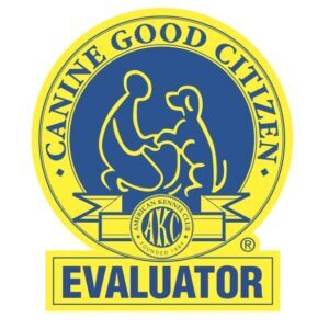 A yellow and blue logo for the canine good citizen evaluator.